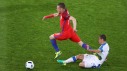 SAINT-ETIENNE, FRANCE - JUNE 20: Jamie Vardy of England is fouled by Viktor Pecovsky of Slovakia resulting in an yellow card during the UEFA EURO 2016 Group B match between Slovakia and England at Stade Geoffroy-Guichard on June 20, 2016 in Saint-Etienne, France. (Photo by Michael Steele/Getty Images)